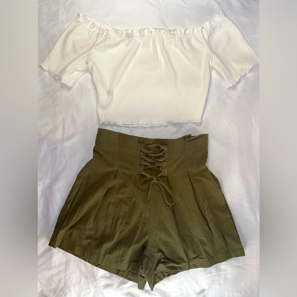 Shein Crop Top Shirt Blouse And High Waist Dressed Shorts Set Blouse Bundle
